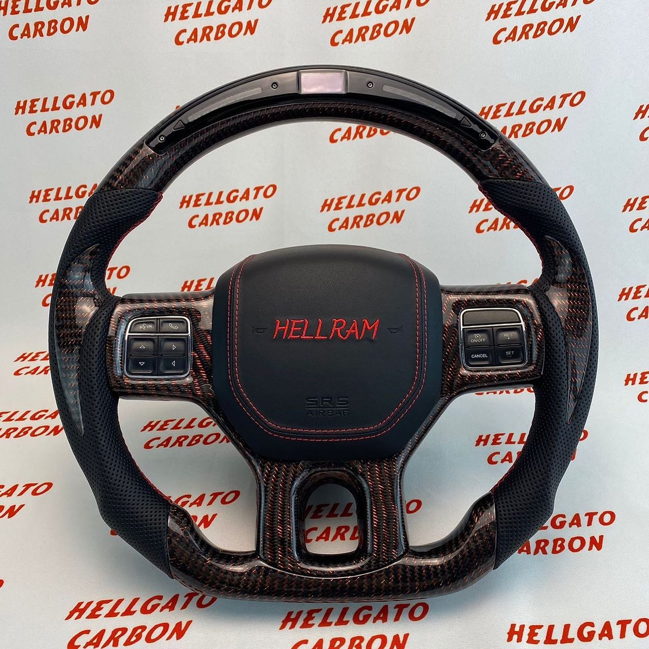 2014 Dodge RAM Custom Red Reflective Carbon Fiber Steering Wheel | OEM Flat Bottom | LED Shift Lights | HellRAM Edition