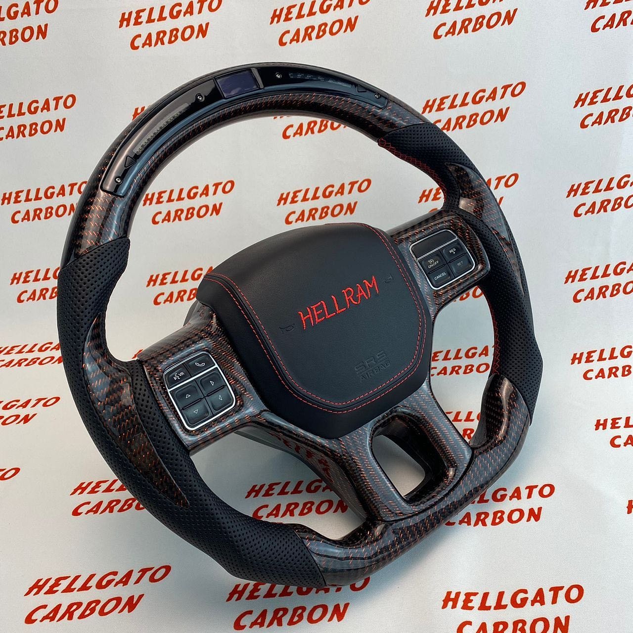 2014 Dodge RAM Custom Red Reflective Carbon Fiber Steering Wheel | OEM Flat Bottom | LED Shift Lights | HellRAM Edition - Image 3
