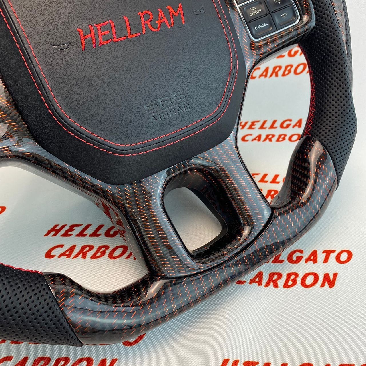 2014 Dodge RAM Custom Red Reflective Carbon Fiber Steering Wheel | OEM Flat Bottom | LED Shift Lights | HellRAM Edition - Image 4