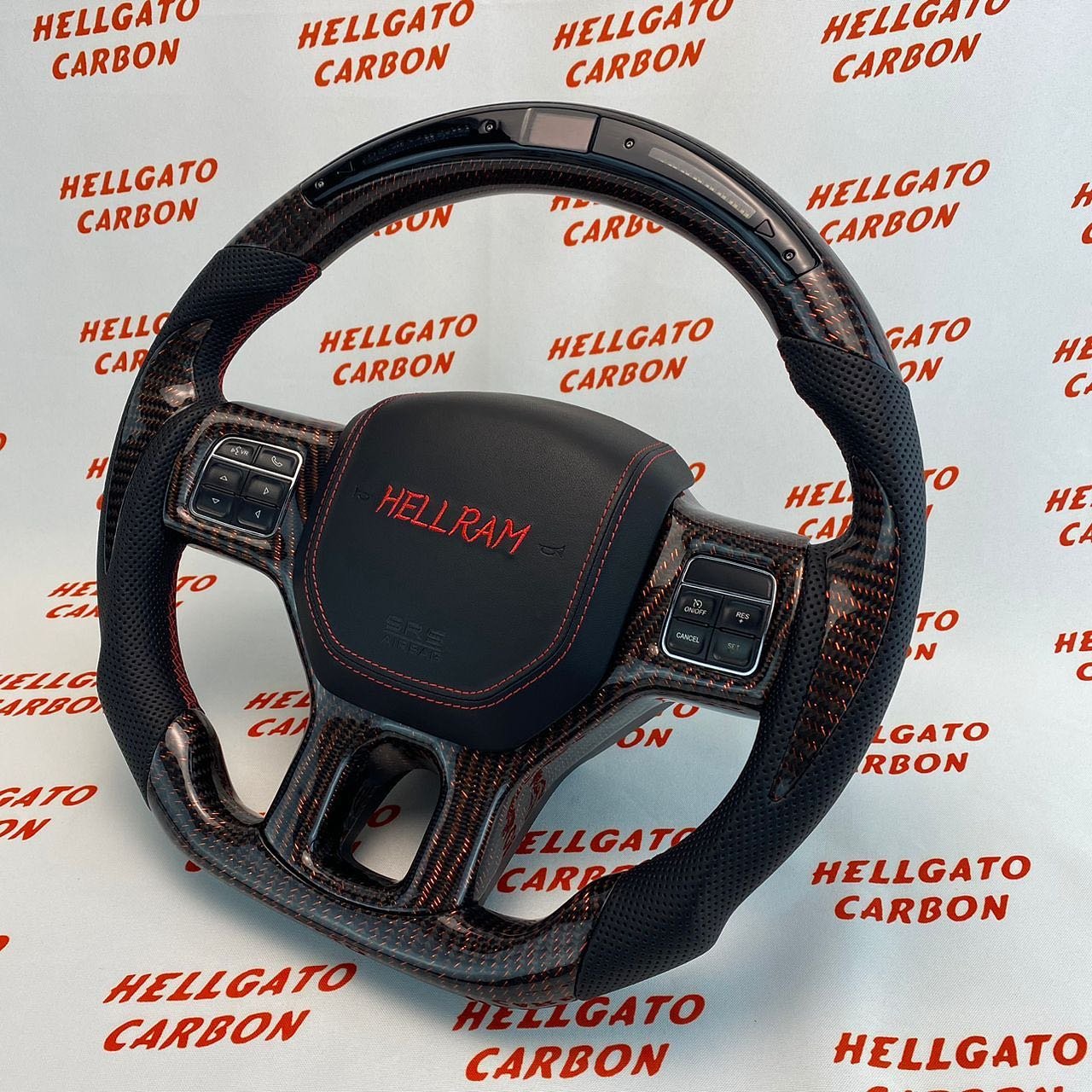 2014 Dodge RAM Custom Red Reflective Carbon Fiber Steering Wheel | OEM Flat Bottom | LED Shift Lights | HellRAM Edition - Image 8