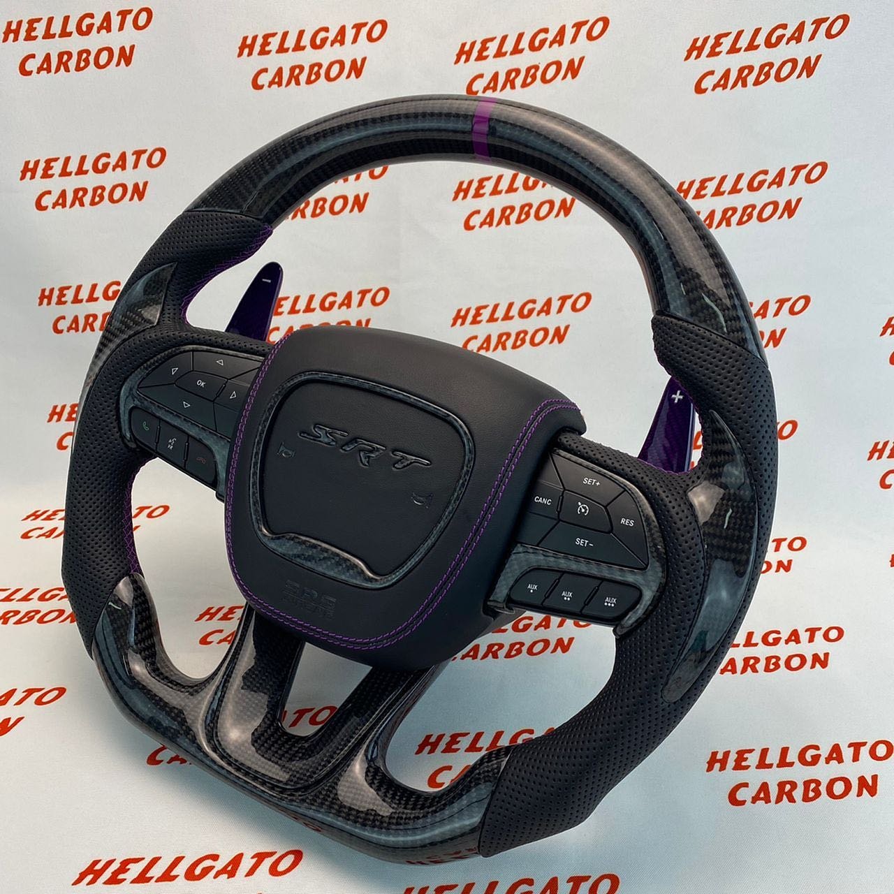 2015–2023 Jeep Grand Cherokee SRT Custom Gloss Black Carbon Fiber Steering Wheel | OEM Flat Bottom | Purple Paddle Shifters - Image 4
