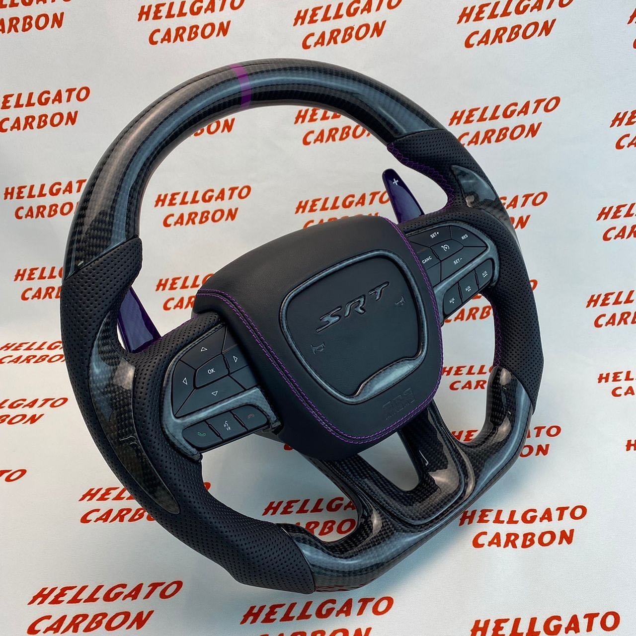 2015–2023 Jeep Grand Cherokee SRT Custom Gloss Black Carbon Fiber Steering Wheel | OEM Flat Bottom | Purple Paddle Shifters - Image 5
