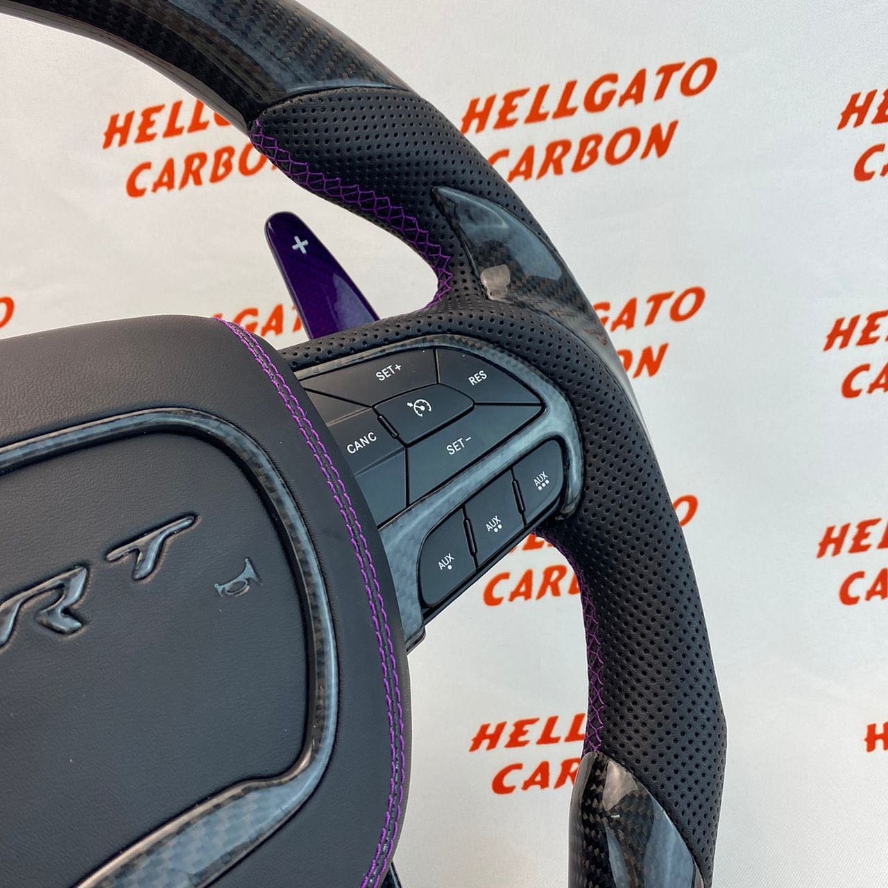 2015–2023 Jeep Grand Cherokee SRT Custom Gloss Black Carbon Fiber Steering Wheel | OEM Flat Bottom | Purple Paddle Shifters - Image 9