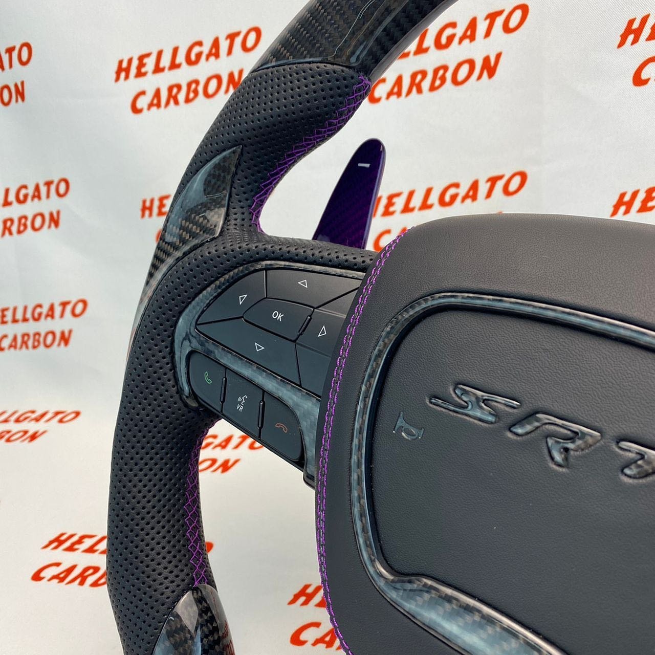 2015–2023 Jeep Grand Cherokee SRT Custom Gloss Black Carbon Fiber Steering Wheel | OEM Flat Bottom | Purple Paddle Shifters - Image 6
