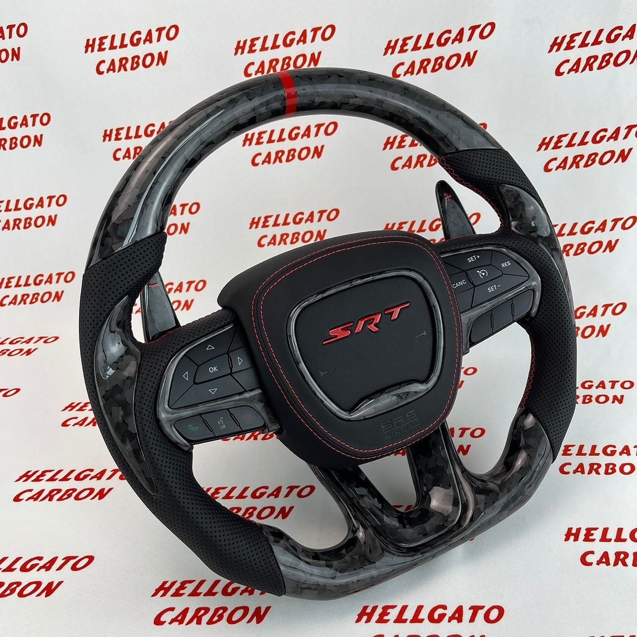 2014–2023 Jeep Grand Cherokee SRT Custom Black Forged Carbon Fiber Steering Wheel | OEM Flat Bottom | Heated | Extended Paddle Shifters - Image 3