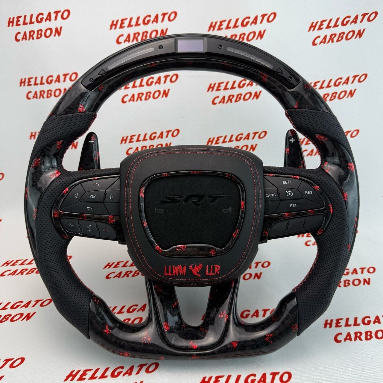 2014–2025 Jeep Grand Cherokee SRT Custom Red Forged Carbon Fiber Steering Wheel | OEM Flat Bottom | Heated | LED Shift Lights | RGB SRT Logo
