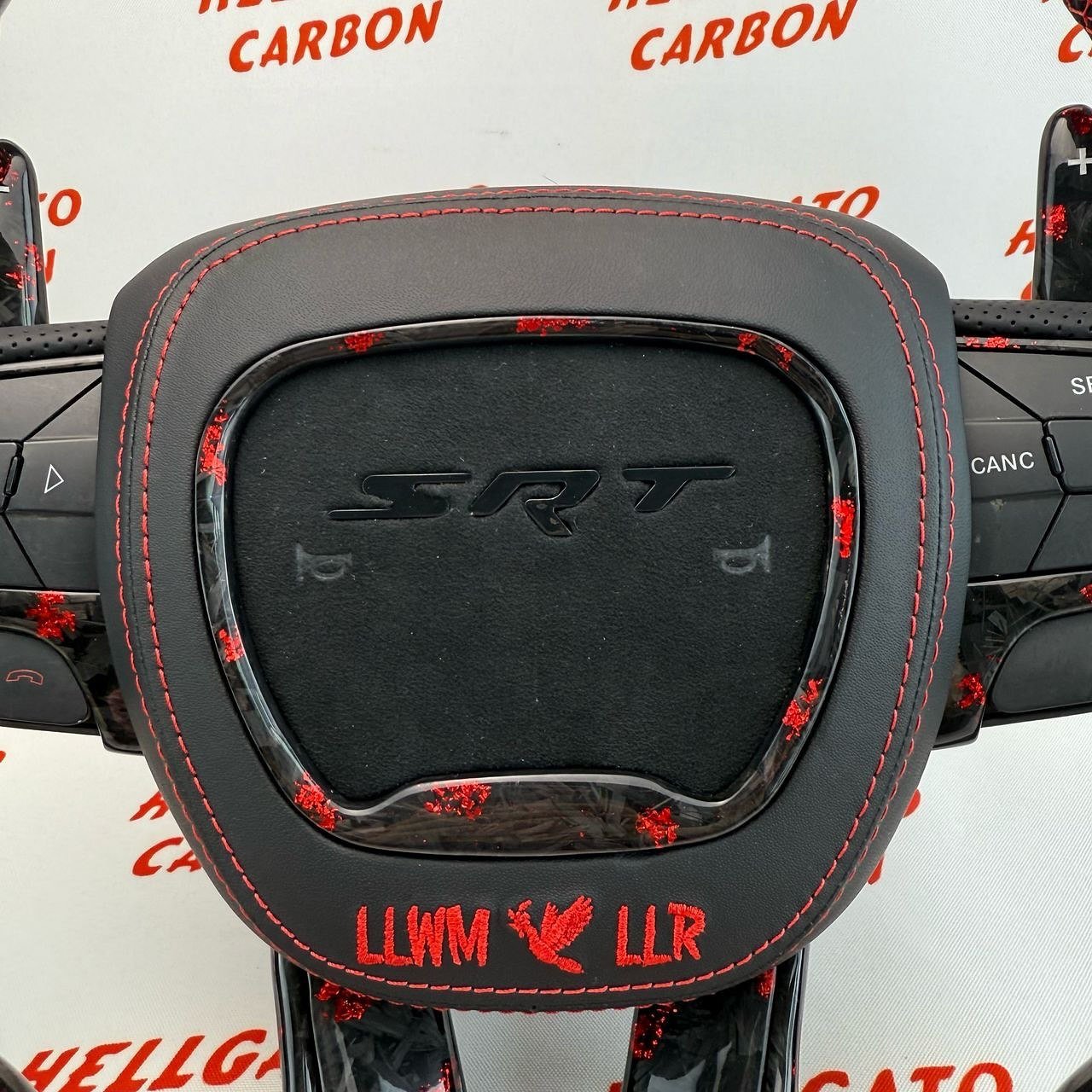 2014–2025 Jeep Grand Cherokee SRT Custom Red Forged Carbon Fiber Steering Wheel | OEM Flat Bottom | Heated | LED Shift Lights | RGB SRT Logo - Image 3
