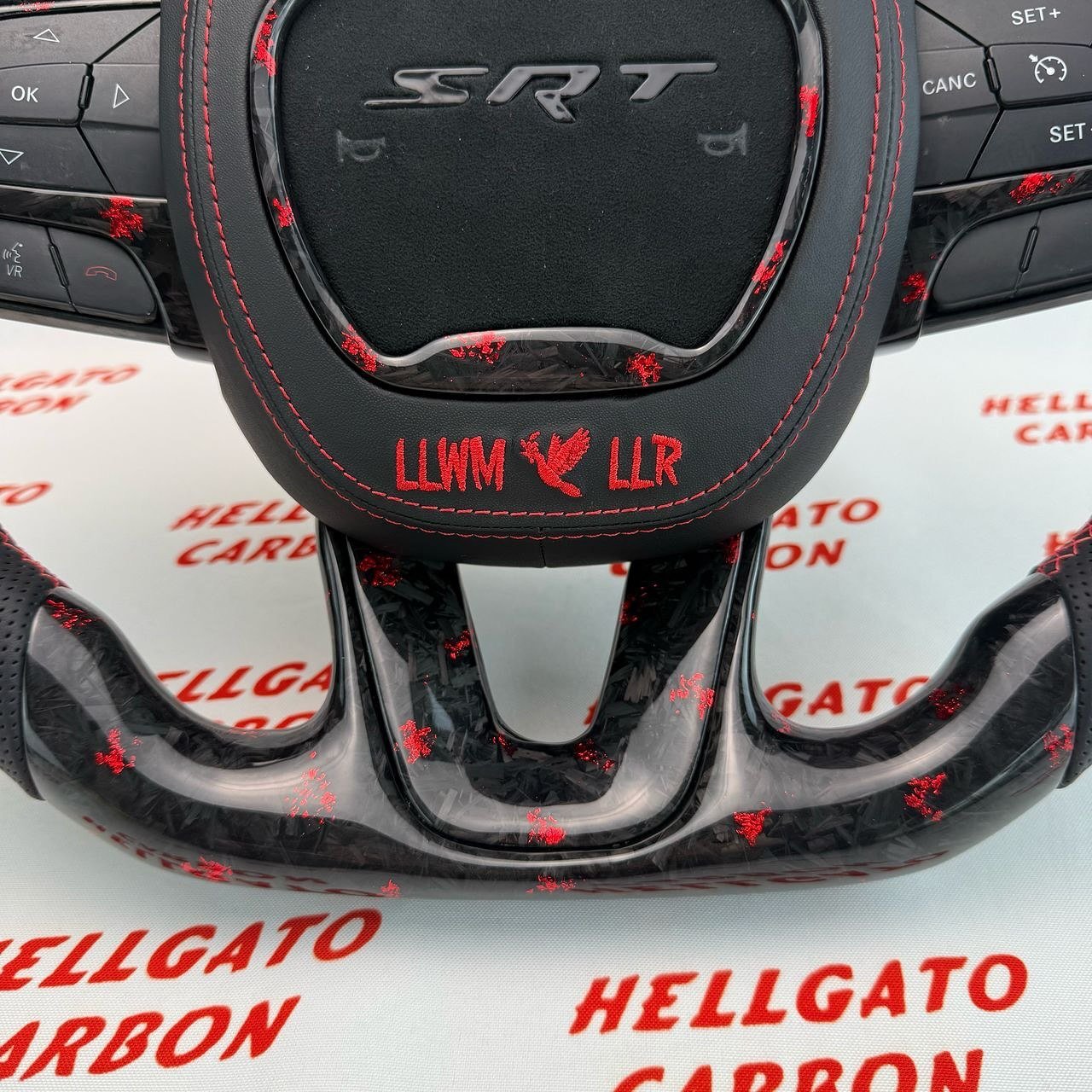 2014–2025 Jeep Grand Cherokee SRT Custom Red Forged Carbon Fiber Steering Wheel | OEM Flat Bottom | Heated | LED Shift Lights | RGB SRT Logo - Image 4