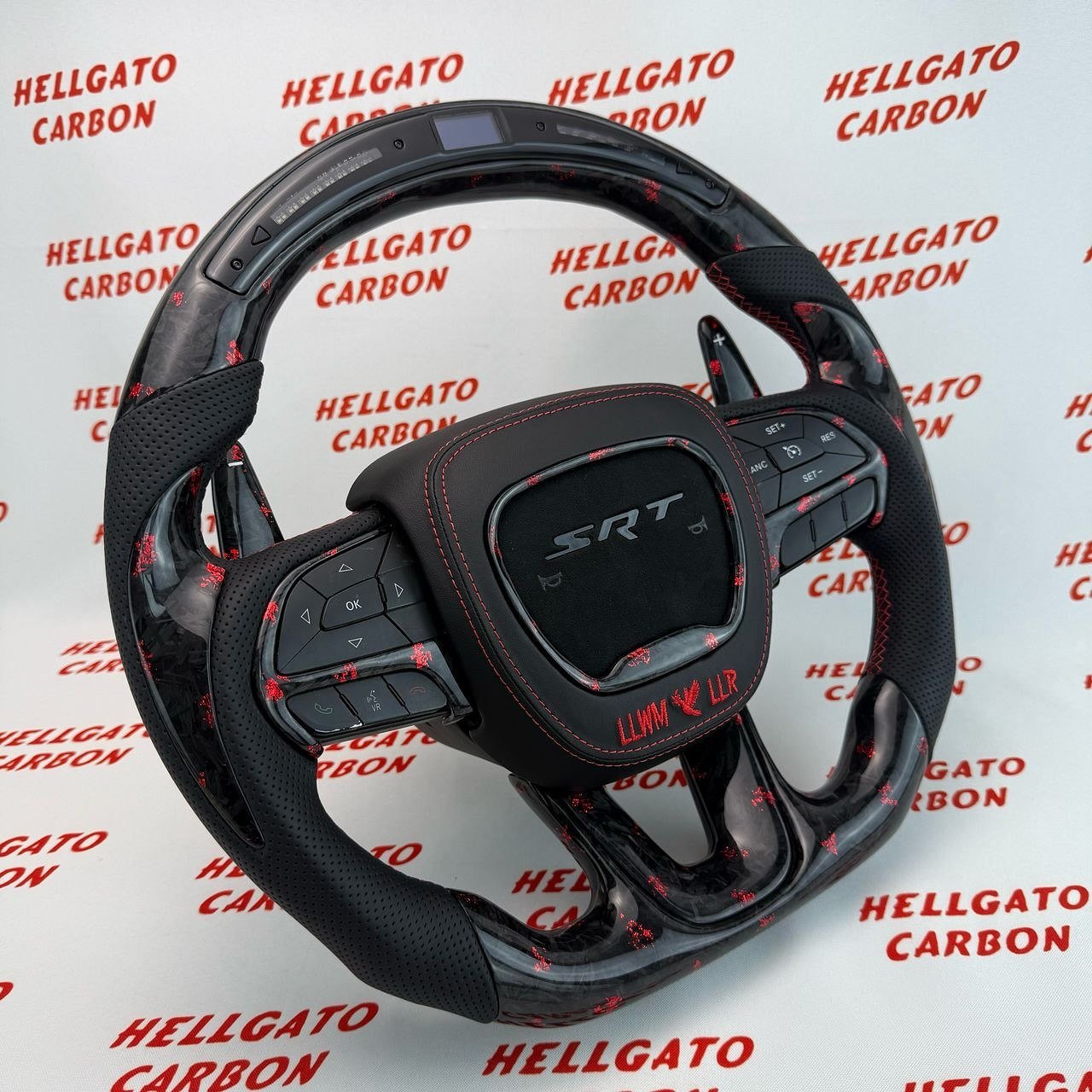 2014–2025 Jeep Grand Cherokee SRT Custom Red Forged Carbon Fiber Steering Wheel | OEM Flat Bottom | Heated | LED Shift Lights | RGB SRT Logo - Image 5