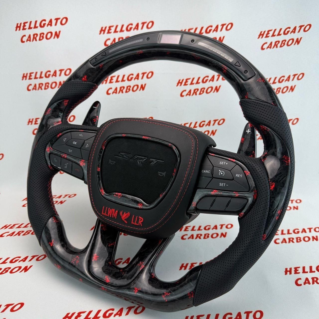 2014–2025 Jeep Grand Cherokee SRT Custom Red Forged Carbon Fiber Steering Wheel | OEM Flat Bottom | Heated | LED Shift Lights | RGB SRT Logo - Image 8