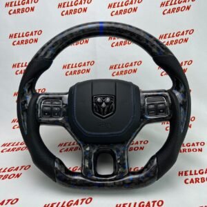 2017 RAM 1500 Custom Blue Forged Carbon Fiber Steering Wheel | Flat Bottom | Heated | OEM | Custom Airbag Cover