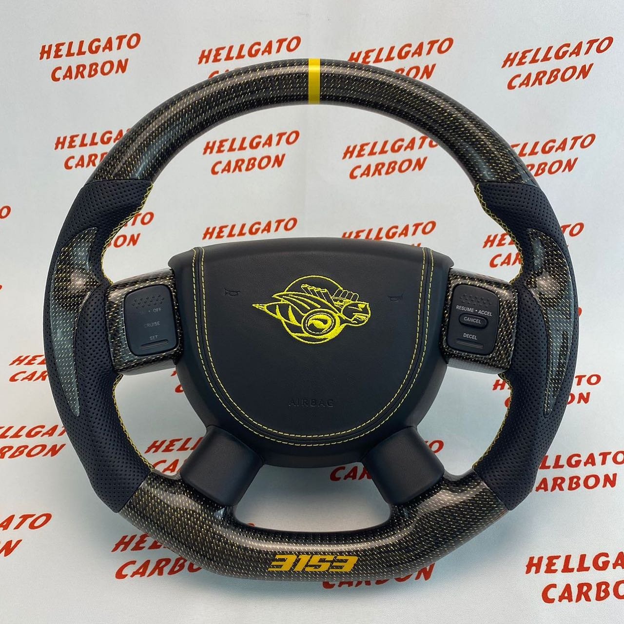 2005 RAM 1500 Custom Gold Reflective Carbon Fiber Steering Wheel | Flat Bottom OEM | Rumble Bee Edition