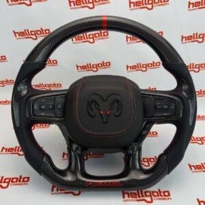 2019+ RAM 1500 Rebel Custom Gloss Black Carbon Fiber Steering Wheel | OEM Flat Bottom | Heated | Rebel Performance Edition