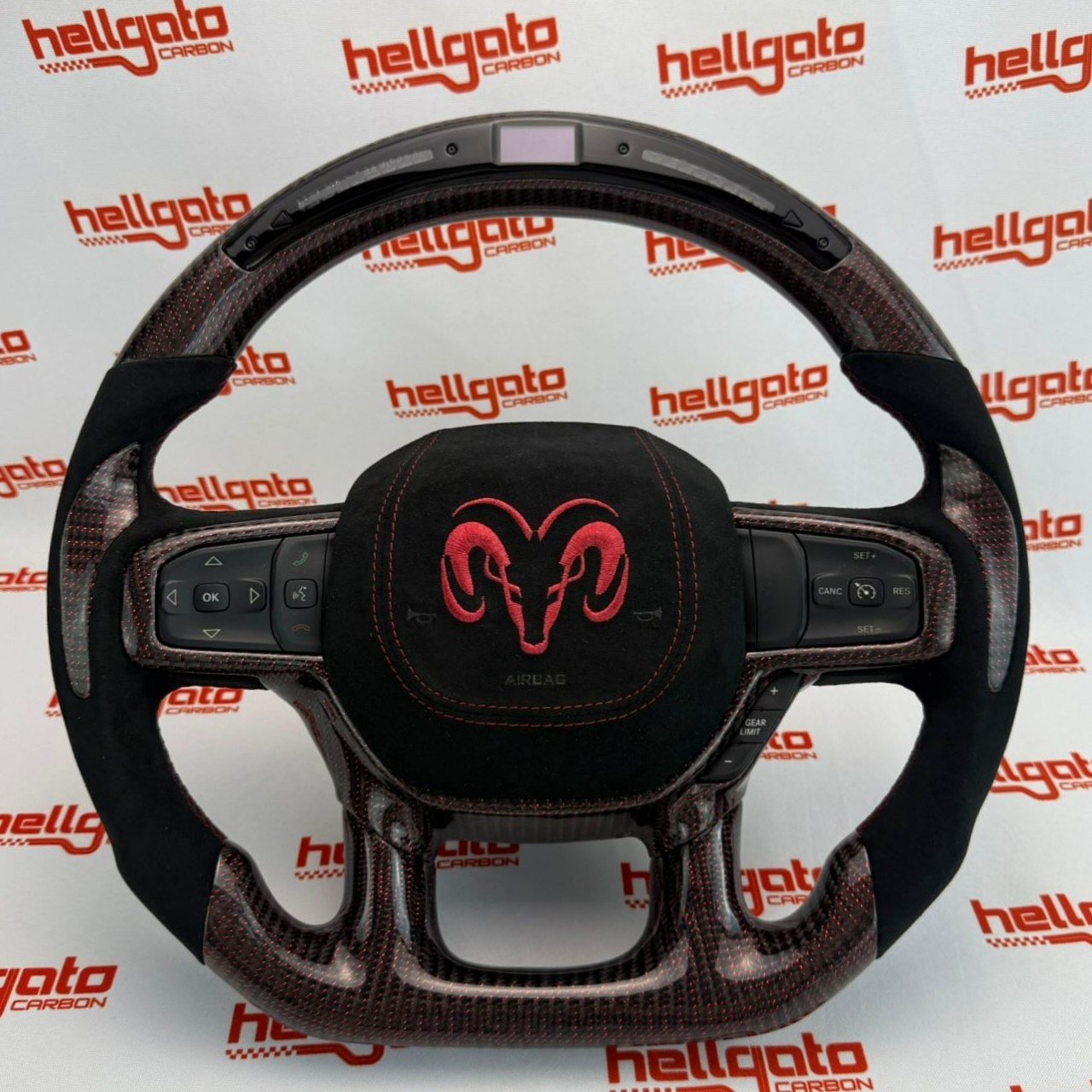 2019+ RAM 1500 Rebel Custom Red Reflective Carbon Fiber Steering Wheel | OEM Flat Bottom | Heated | LED Shift Lights | Italian Alcantara - Image 2