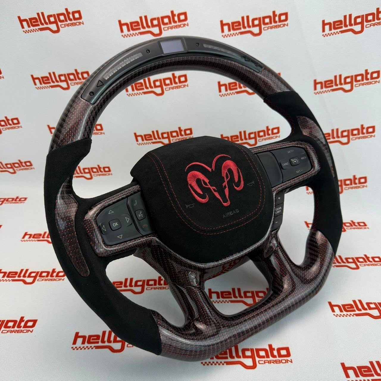2019+ RAM 1500 Rebel Custom Red Reflective Carbon Fiber Steering Wheel | OEM Flat Bottom | Heated | LED Shift Lights | Italian Alcantara - Image 6