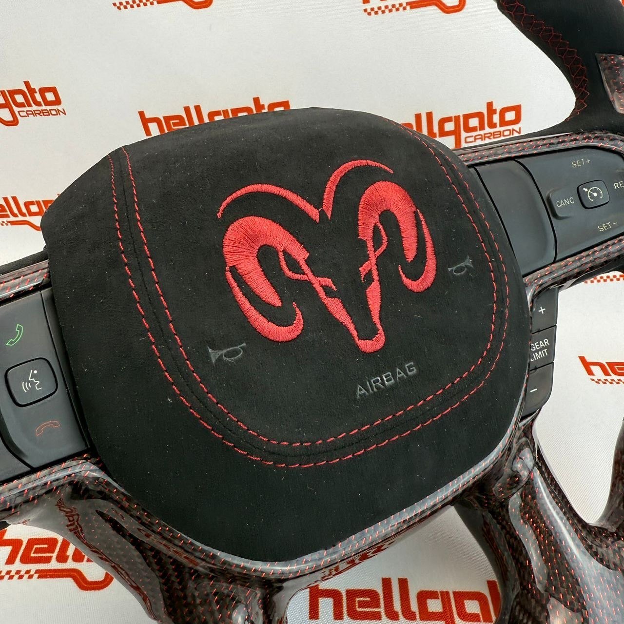 2019+ RAM 1500 Rebel Custom Red Reflective Carbon Fiber Steering Wheel | OEM Flat Bottom | Heated | LED Shift Lights | Italian Alcantara - Image 8