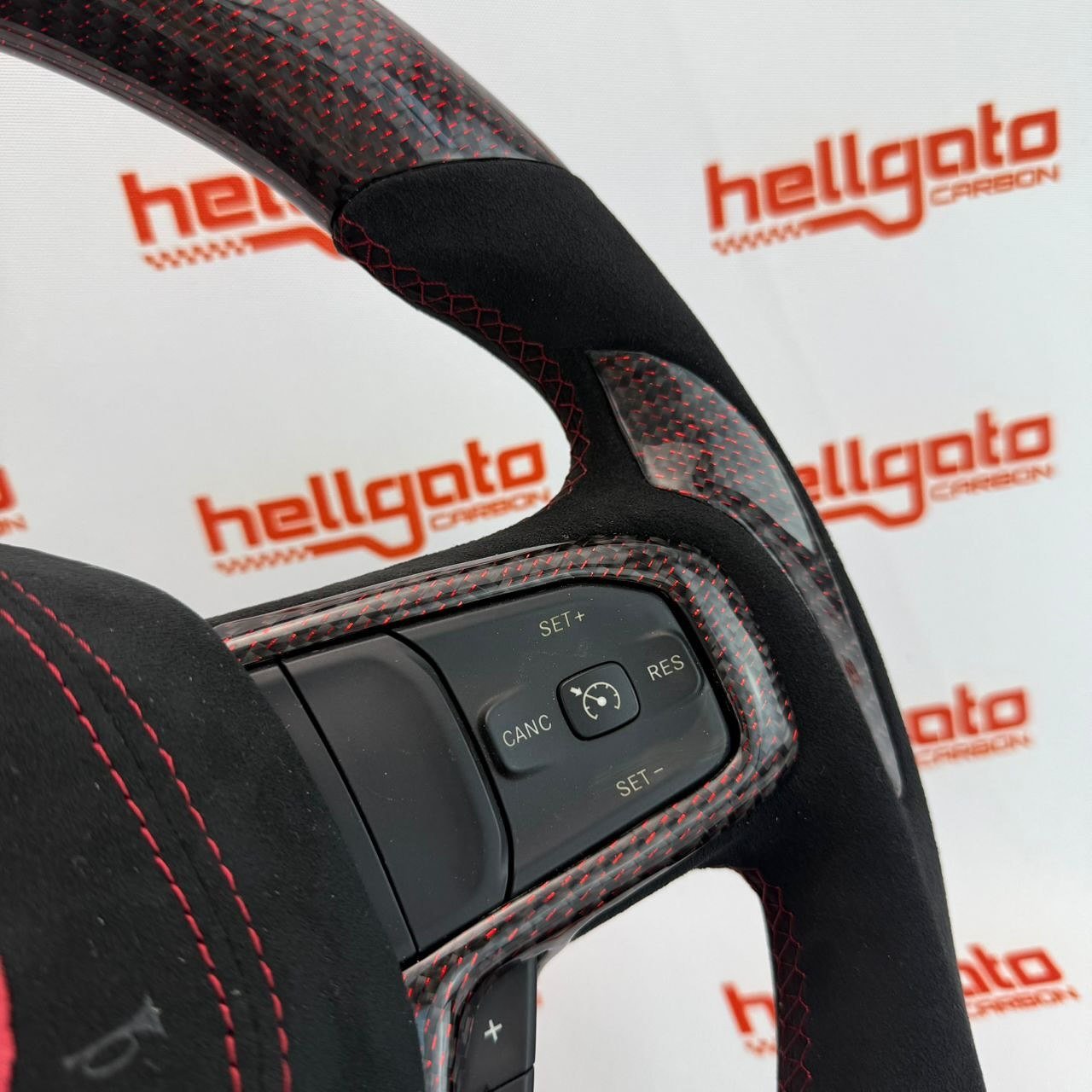 2019+ RAM 1500 Rebel Custom Red Reflective Carbon Fiber Steering Wheel | OEM Flat Bottom | Heated | LED Shift Lights | Italian Alcantara - Image 10