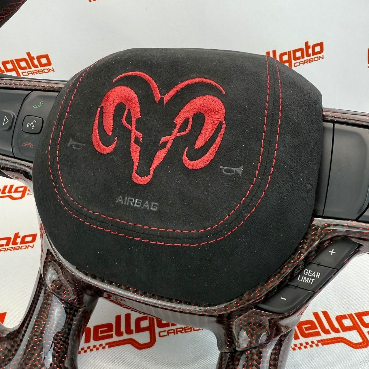 2019+ RAM 1500 Rebel Custom Red Reflective Carbon Fiber Steering Wheel | OEM Flat Bottom | Heated | LED Shift Lights | Italian Alcantara - Image 13