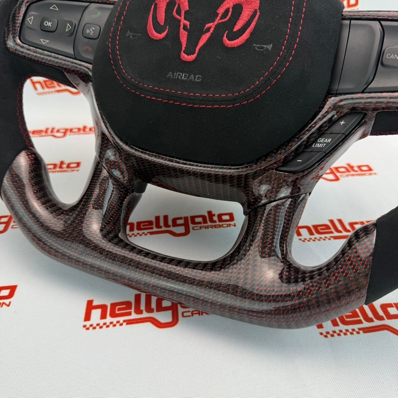 2019+ RAM 1500 Rebel Custom Red Reflective Carbon Fiber Steering Wheel | OEM Flat Bottom | Heated | LED Shift Lights | Italian Alcantara - Image 14