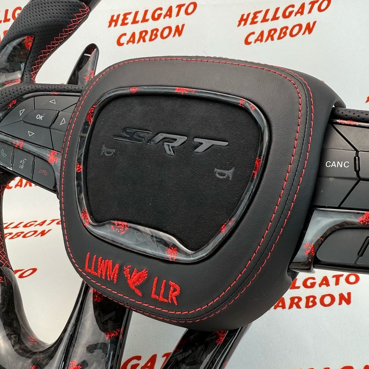 2014–2025 Jeep Grand Cherokee SRT Custom Red Forged Carbon Fiber Steering Wheel | OEM Flat Bottom | Heated | LED Shift Lights | RGB SRT Logo - Image 10