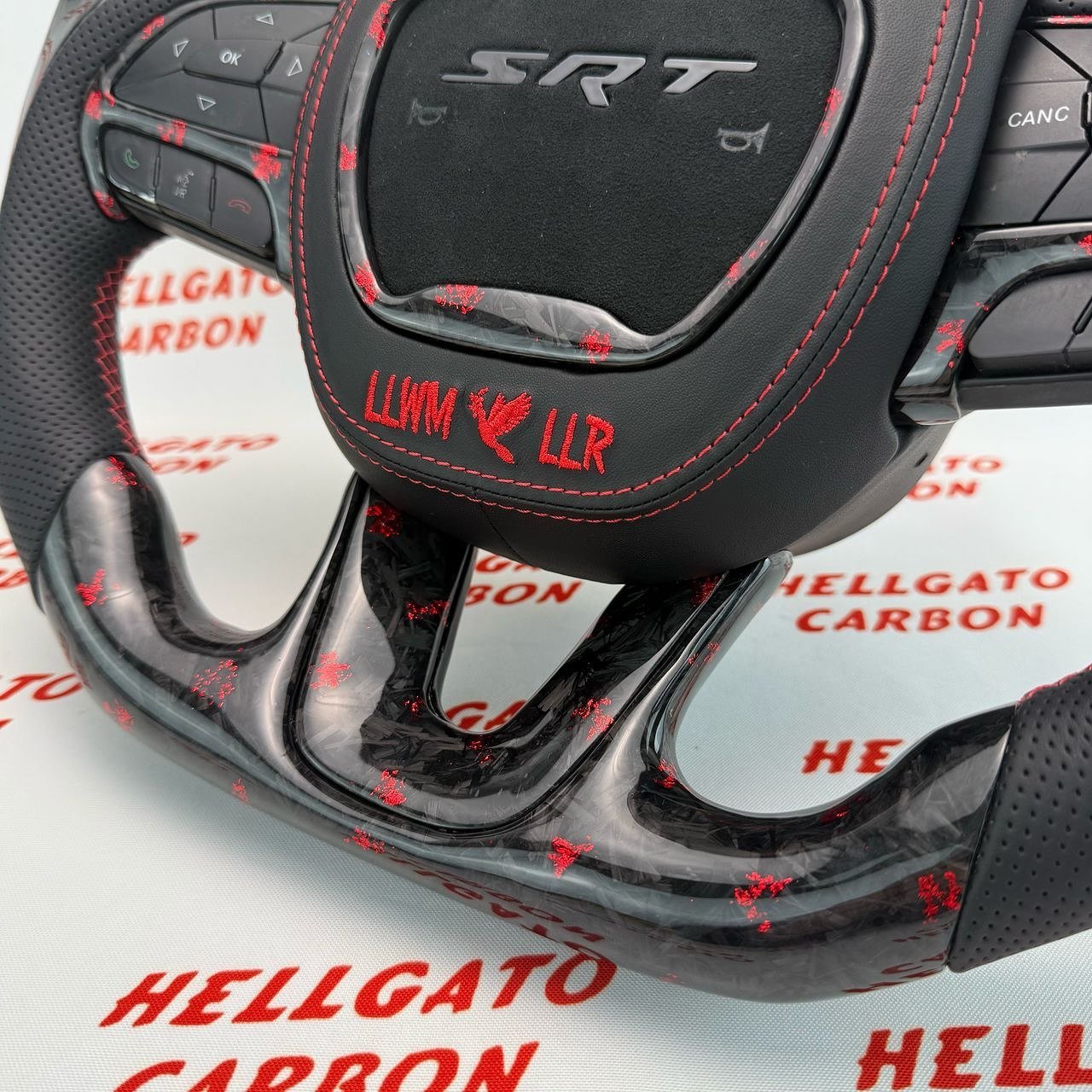 2014–2025 Jeep Grand Cherokee SRT Custom Red Forged Carbon Fiber Steering Wheel | OEM Flat Bottom | Heated | LED Shift Lights | RGB SRT Logo - Image 11