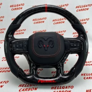 2021+ RAM 1500 Rebel Custom Black Forged Carbon Fiber Steering Wheel | OEM Flat Bottom | Heated | Rebel Edition