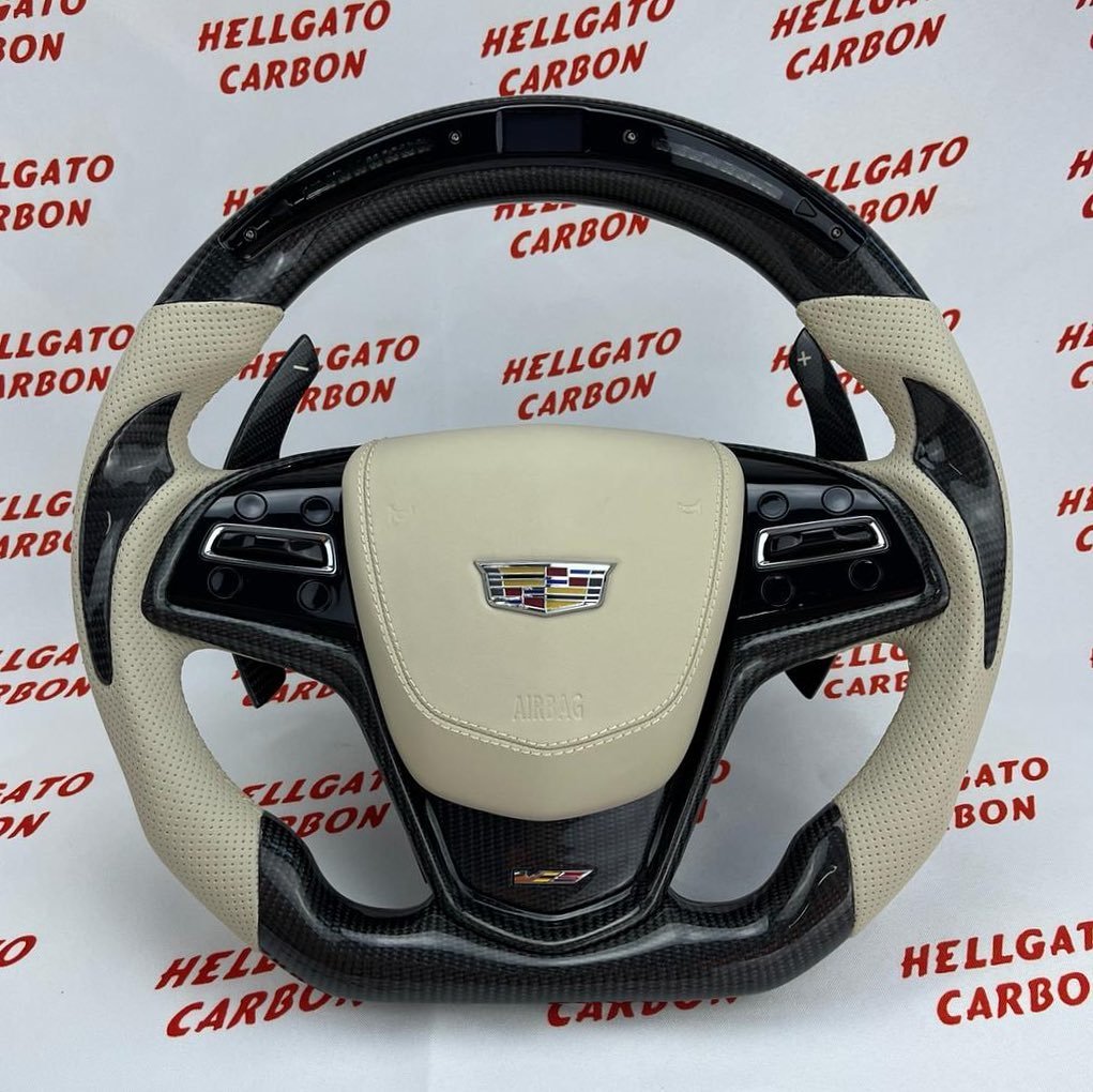 2019 Cadillac CTS-V Custom Gloss Black Carbon Fiber Steering Wheel | OEM Flat Bottom | Heated | LED Shift Lights - Image 2