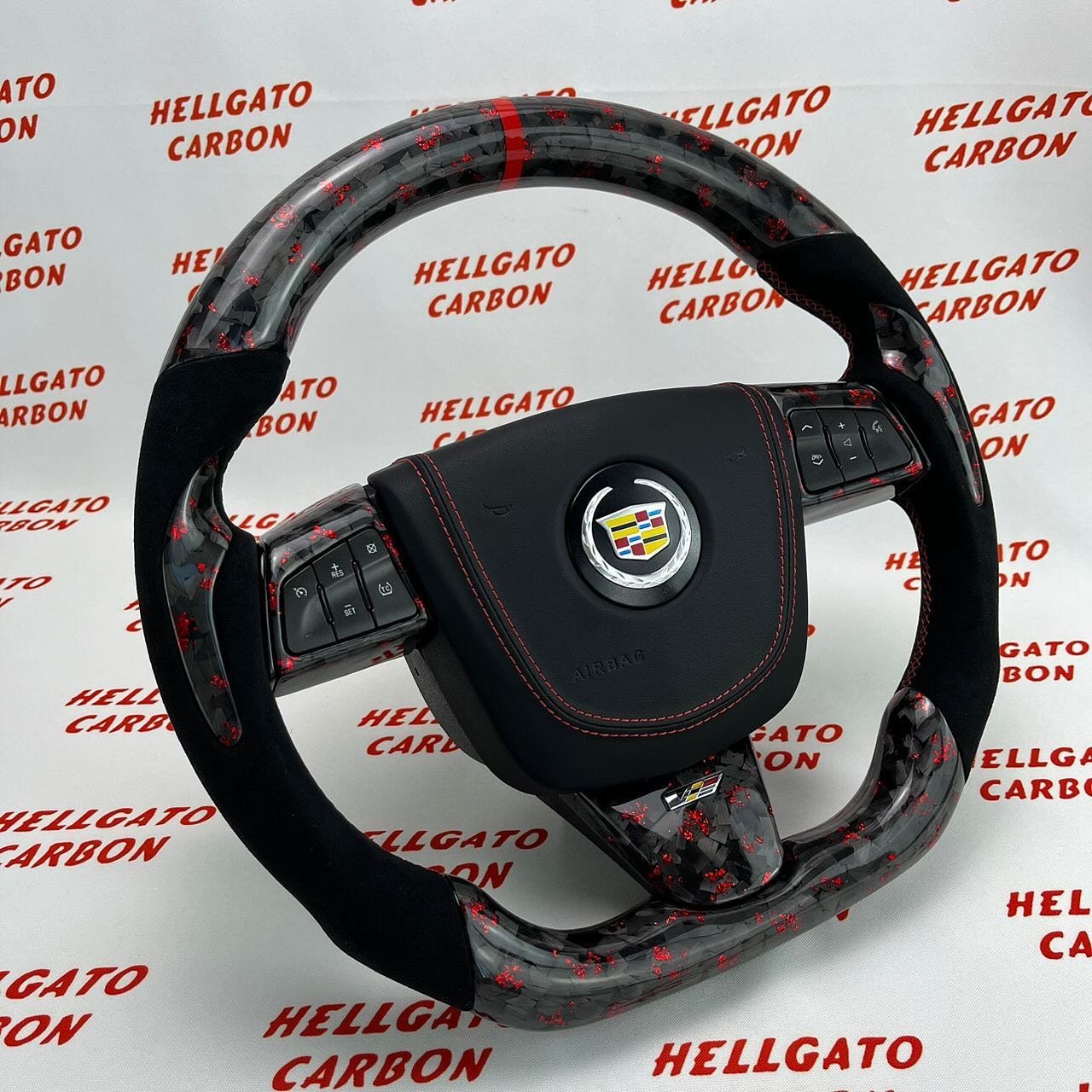 2015 Cadillac CTS-V Custom Red Forged Carbon Fiber Steering Wheel | OEM Flat Bottom | Italian Alcantara - Image 4