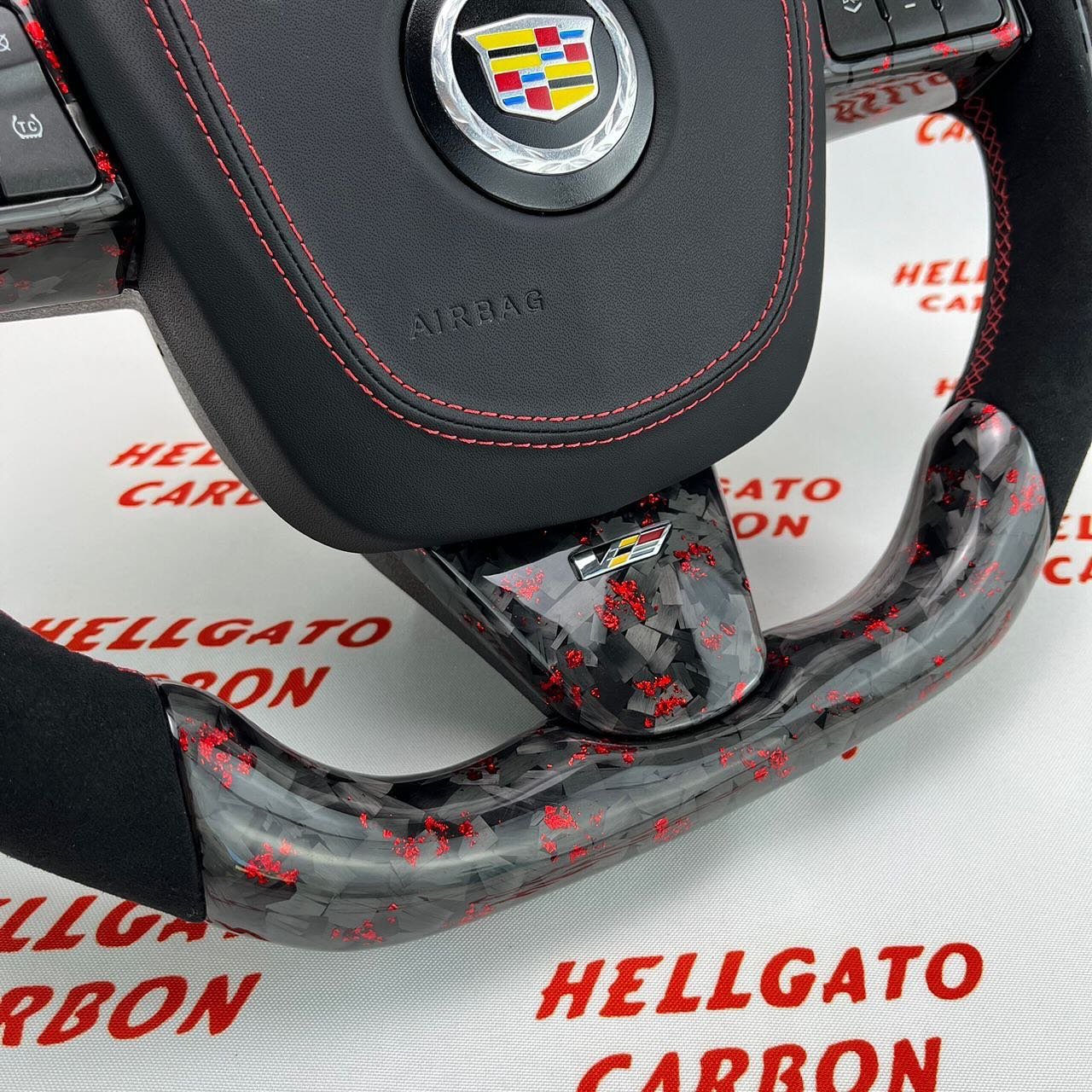 2015 Cadillac CTS-V Custom Red Forged Carbon Fiber Steering Wheel | OEM Flat Bottom | Italian Alcantara - Image 7