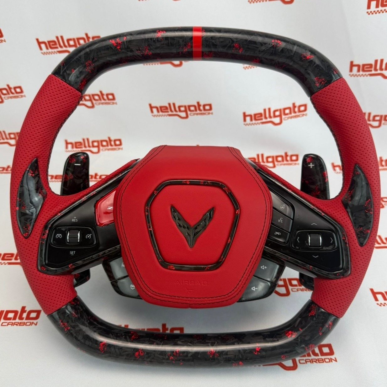 Chevrolet Corvette C8 Custom Red Forged Carbon Fiber OEM Steering Wheel | Heated | LED Corvette Logo - Image 2