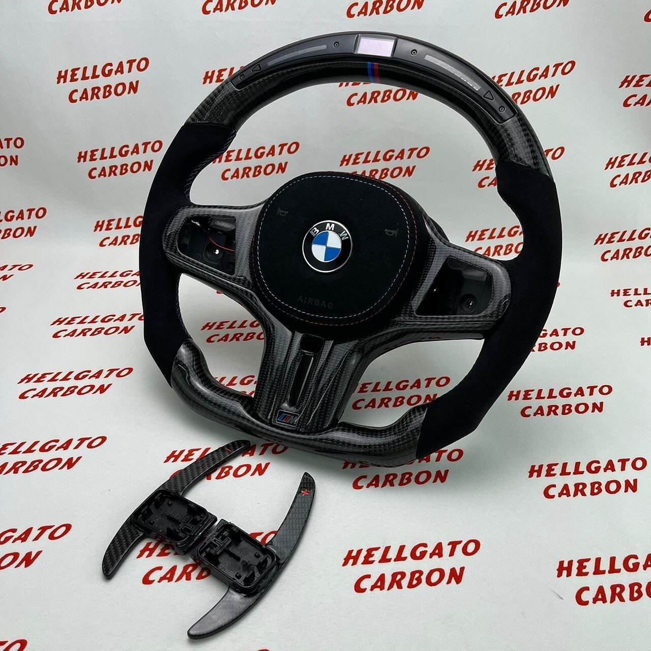 2024 BMW M8 Competition Custom Gloss Black Carbon Fiber Steering Wheel | OEM Flat Bottom | LED Shift Lights | Alcantara - Image 3