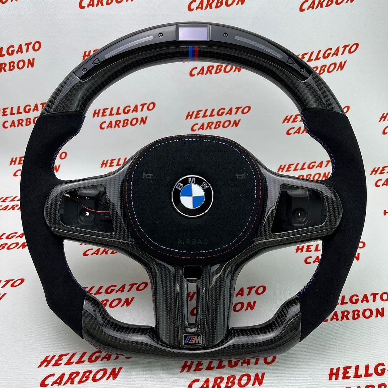 2024 BMW M8 Competition Custom Gloss Black Carbon Fiber Steering Wheel | OEM Flat Bottom | LED Shift Lights | Alcantara - Image 4