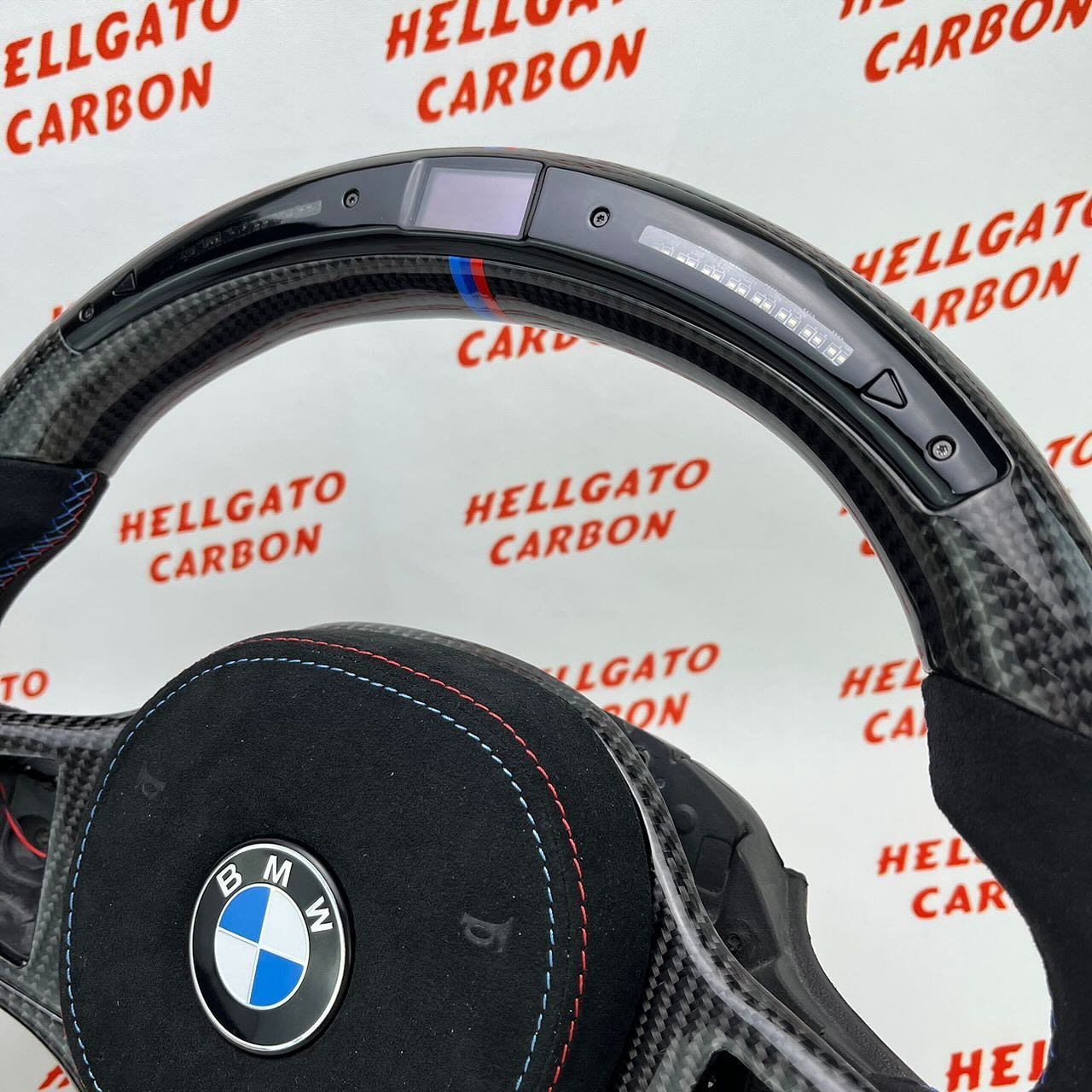 2024 BMW M8 Competition Custom Gloss Black Carbon Fiber Steering Wheel | OEM Flat Bottom | LED Shift Lights | Alcantara - Image 6