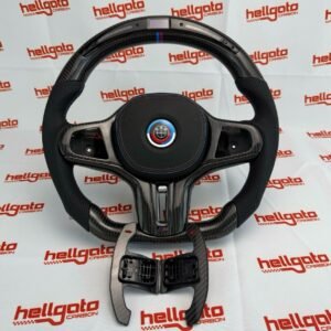 2020 BMW M5 Custom Gloss Black Carbon Fiber Steering Wheel | OEM Flat Bottom | Competition Paddle Shifters | LED Shift Lights