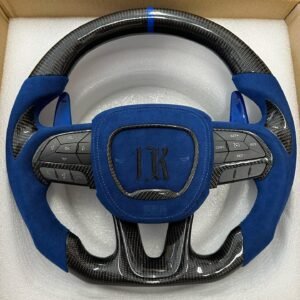 Full Custom OEM Gloss Black Carbon Steering Wheel for Dodge Charger – Blue Alcantara Edition