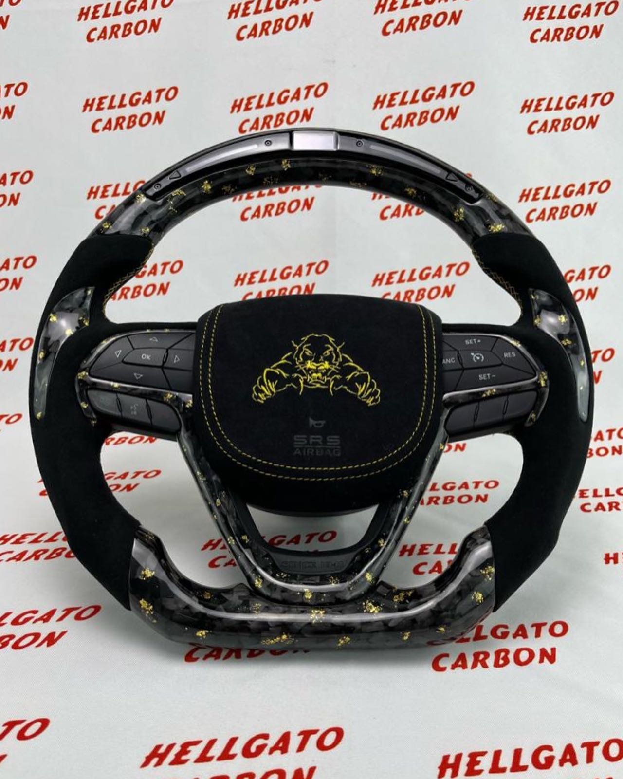 2018 Jeep Grand Cherokee Custom Gold Forged Carbon Fiber Steering Wheel | OEM Flat Bottom | LED Shift Lights | Italian Alcantara | One-of-a-Kind