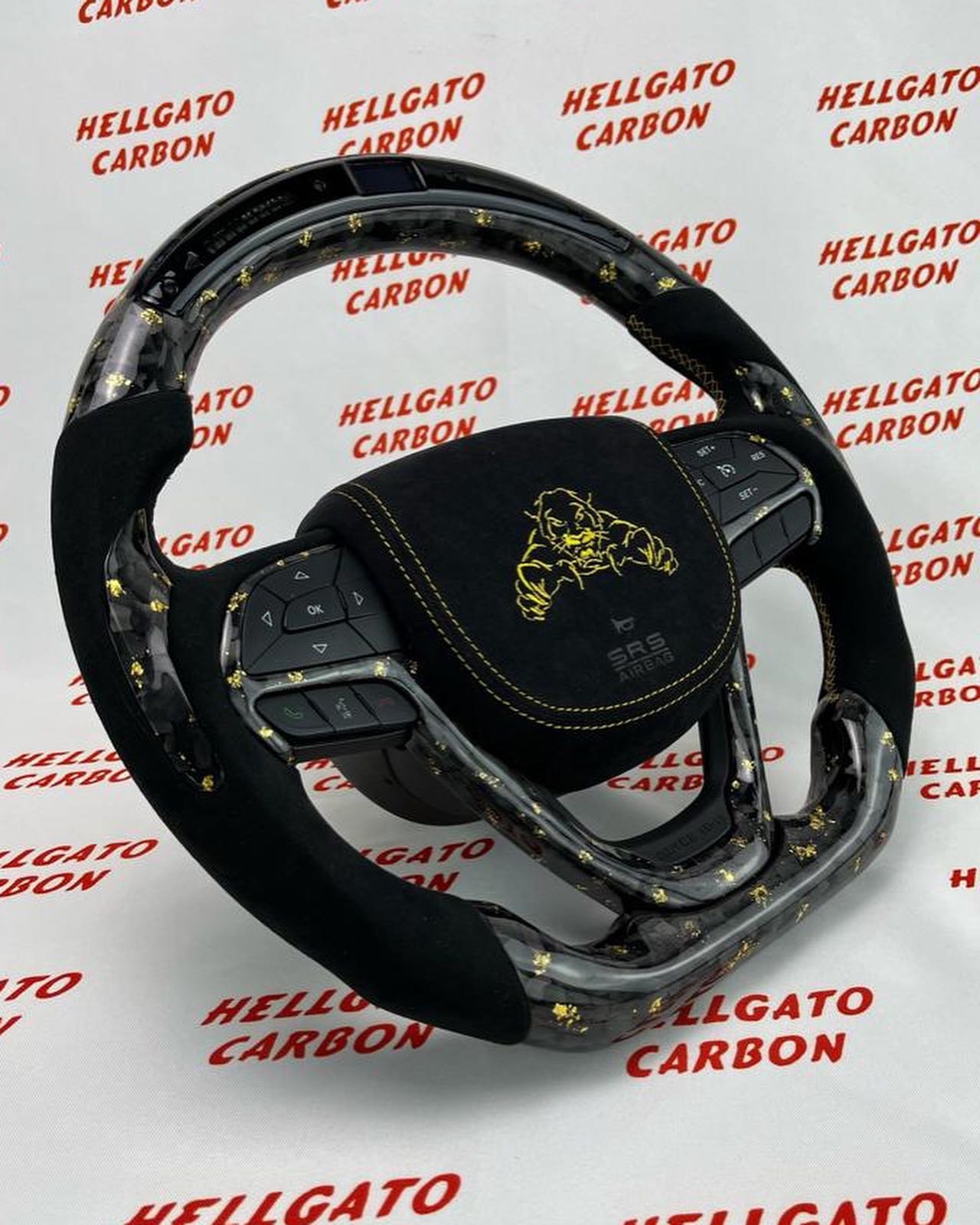 2018 Jeep Grand Cherokee Custom Gold Forged Carbon Fiber Steering Wheel | OEM Flat Bottom | LED Shift Lights | Italian Alcantara | One-of-a-Kind - Image 3