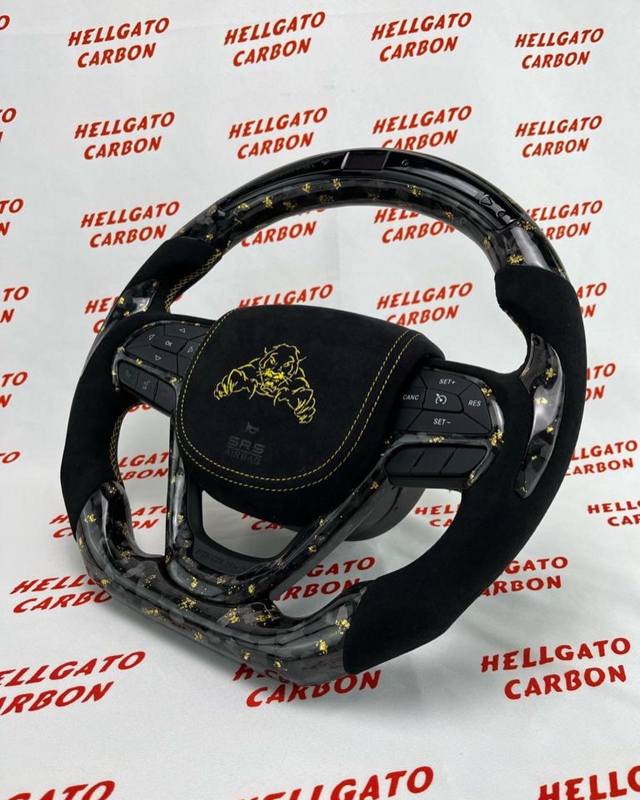 2018 Jeep Grand Cherokee Custom Gold Forged Carbon Fiber Steering Wheel | OEM Flat Bottom | LED Shift Lights | Italian Alcantara | One-of-a-Kind - Image 4