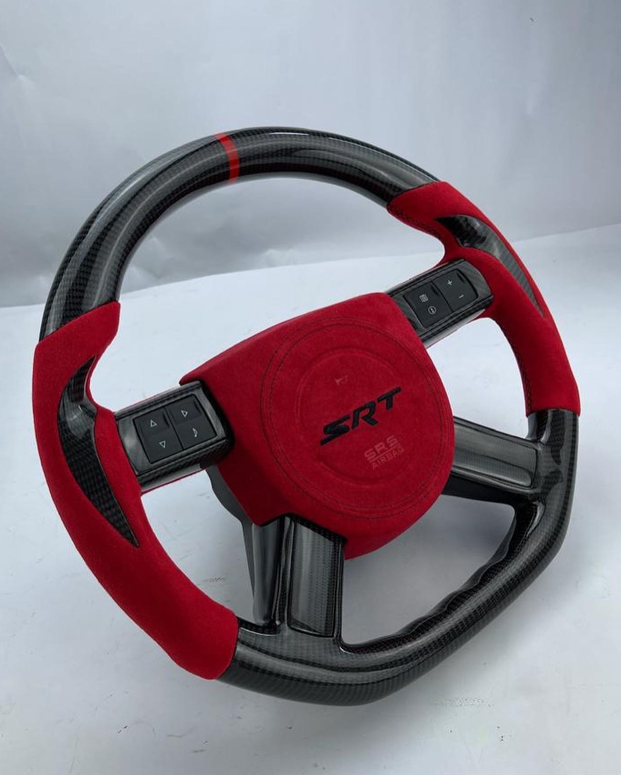 First-Gen Dodge Challenger Full Custom OEM Carbon Fiber Steering Wheel – Red Alcantara Edition - Image 2