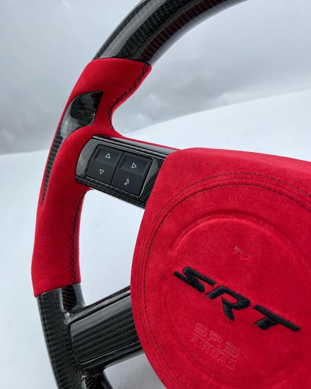 First-Gen Dodge Challenger Full Custom OEM Carbon Fiber Steering Wheel – Red Alcantara Edition - Image 3