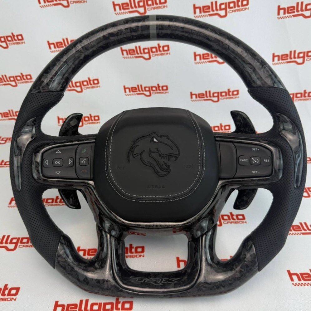 RAM TRX Custom Black Forged Carbon Fiber Steering Wheel | Genuine OEM Flat Bottom | Heated | Light Gray Stitching | TRX Redeye