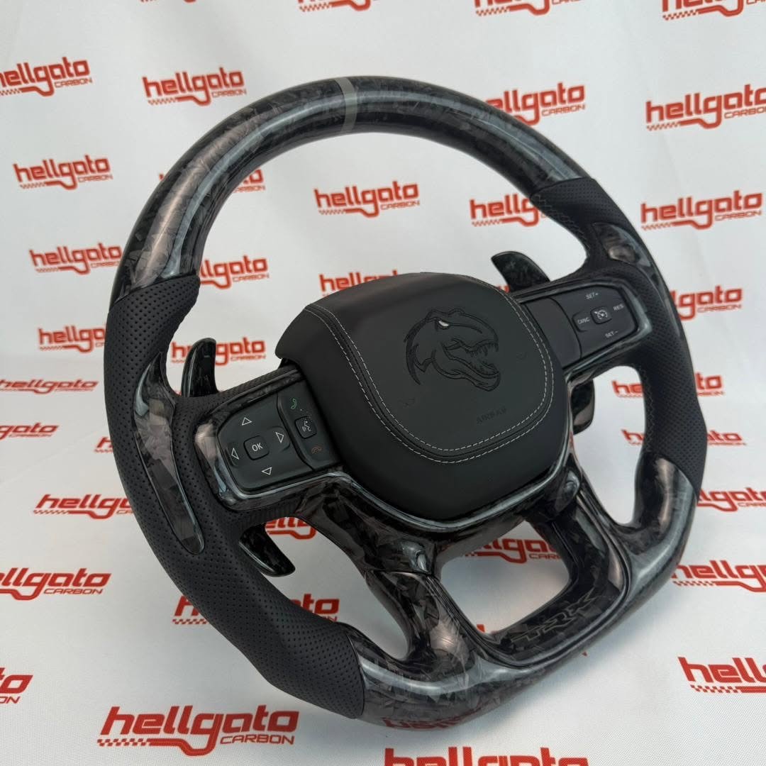 RAM TRX Custom Black Forged Carbon Fiber Steering Wheel | Genuine OEM Flat Bottom | Heated | Light Gray Stitching | TRX Redeye - Image 3