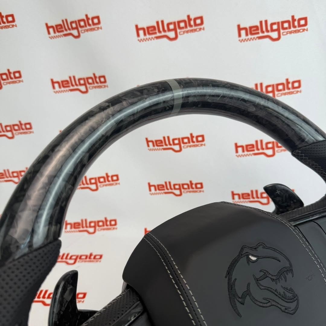 RAM TRX Custom Black Forged Carbon Fiber Steering Wheel | Genuine OEM Flat Bottom | Heated | Light Gray Stitching | TRX Redeye - Image 4