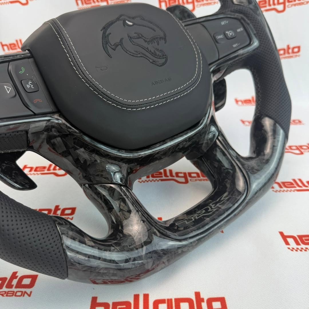 RAM TRX Custom Black Forged Carbon Fiber Steering Wheel | Genuine OEM Flat Bottom | Heated | Light Gray Stitching | TRX Redeye - Image 6