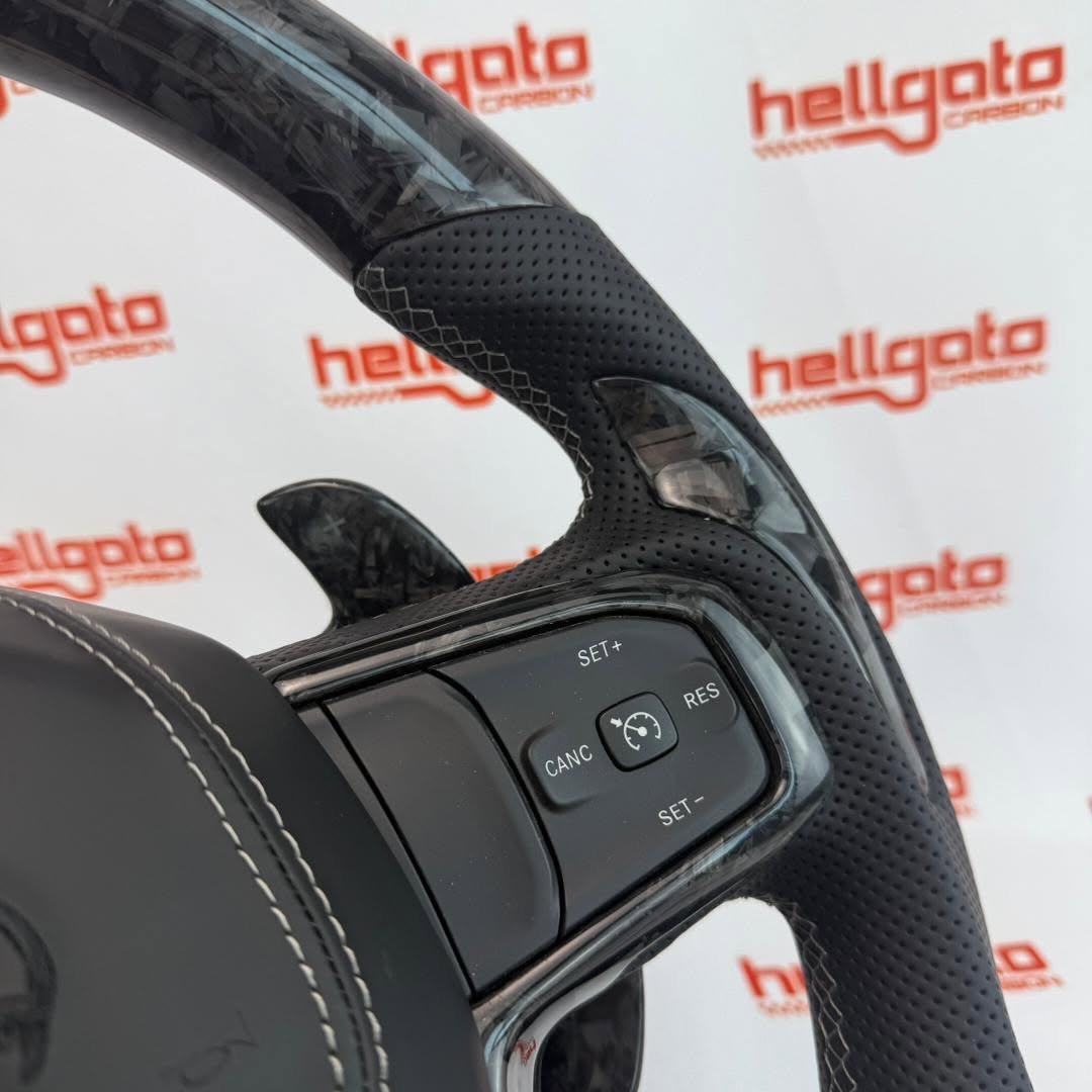 RAM TRX Custom Black Forged Carbon Fiber Steering Wheel | Genuine OEM Flat Bottom | Heated | Light Gray Stitching | TRX Redeye - Image 7