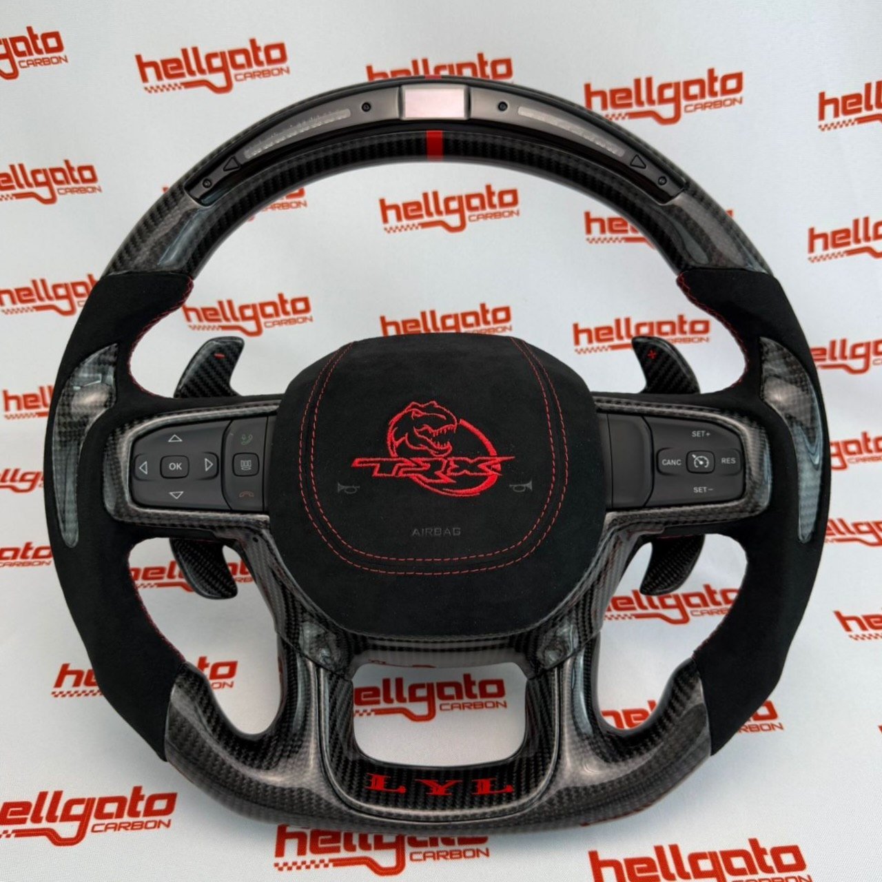 RAM TRX Custom Gloss Black Carbon Fiber Steering Wheel | Genuine OEM Flat Bottom | Heated | LED Shift Lights | Italian Alcantara - Image 2