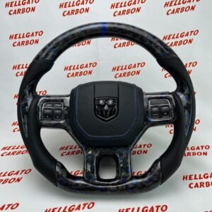 2017 RAM 1500 Custom Blue Forged Carbon Fiber Steering Wheel | Flat Bottom | Heated | OEM | Custom Airbag Cover
