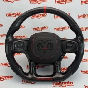 2019+ RAM 1500 Rebel Custom Gloss Black Carbon Fiber Steering Wheel | OEM Flat Bottom | Heated | Rebel Performance Edition