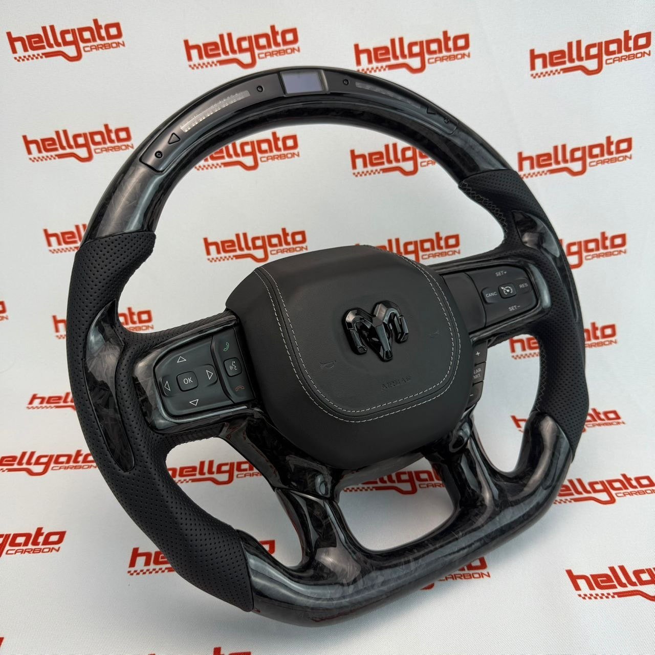 2019+ RAM 1500 Custom Black Forged Carbon Fiber Steering Wheel | Genuine OEM Flat Bottom | Heated | LED Shift Lights - Image 5