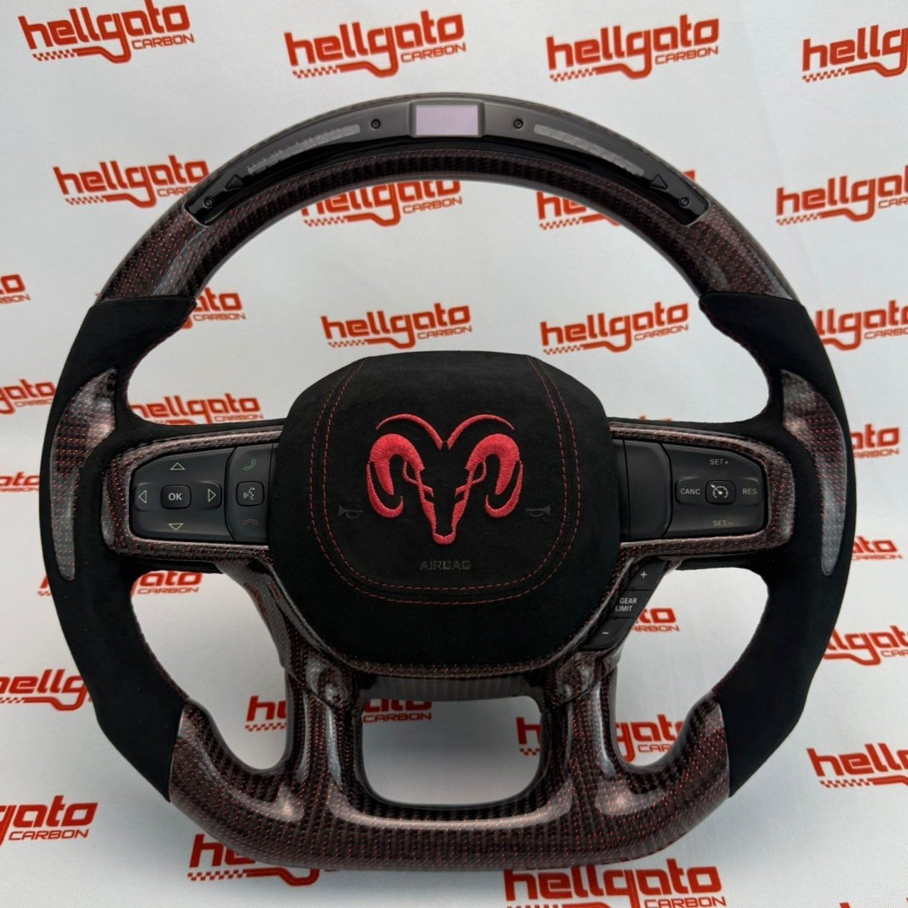 2019+ RAM 1500 Rebel Custom Red Reflective Carbon Fiber Steering Wheel | OEM Flat Bottom | Heated | LED Shift Lights | Italian Alcantara - Image 2